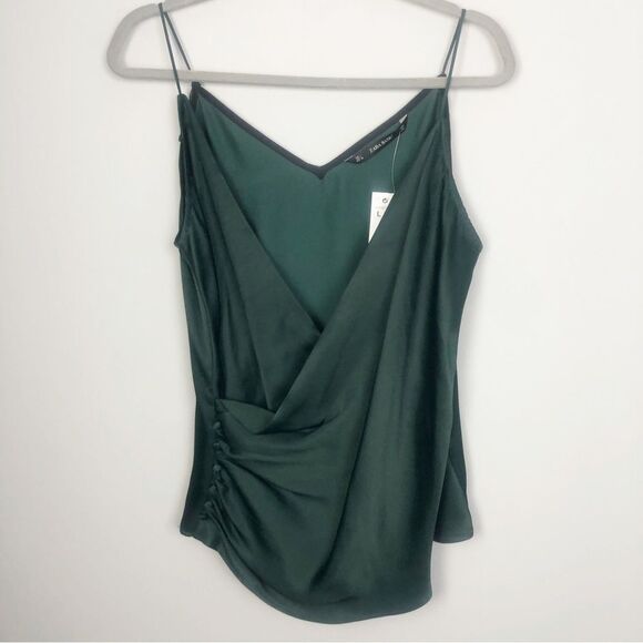 ZARA | NEW Forest Green Faux Wrap Button Side Sleeveless Top Women’s Size Large - Picture 5 of 11